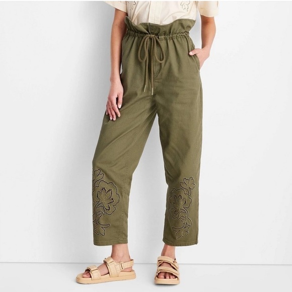 Future  collective Jenny K. Lopez-4-Olive Green-High-waisted eyelet pants. - Picture 1 of 15
